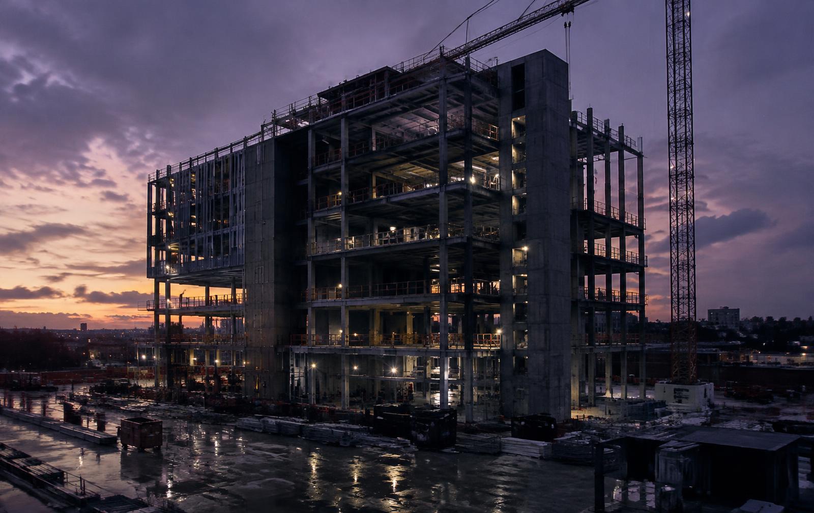 Immeuble commercial en construction au crépuscule