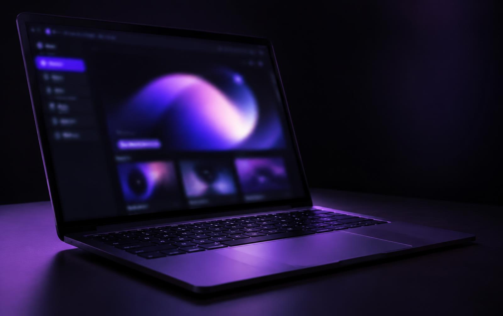 Laptop glowing with purple light in a dark studio